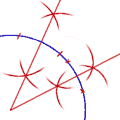  Two lines that intersect
at the center of the arc. 